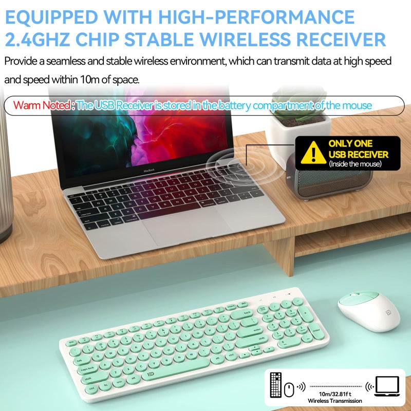FD Wireless Keyboard and Mouse Combo - 2.4GHz USB Cordless, Cute Round Keys, Quiet and Slim Set for Laptop, Computer, TV, and Mac - Mint Green & White - Image 2